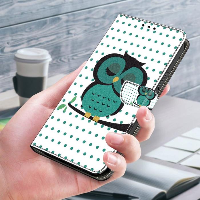 OEM - Samsung Galaxy A55 5G Skal 3D Mönster Ställ Äkta Läder - Sovande Uggla