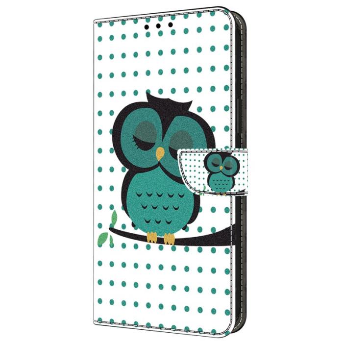 OEM - Samsung Galaxy A55 5G Skal 3D Mönster Ställ Äkta Läder - Sovande Uggla