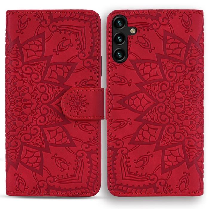 OEM - Samsung Galaxy A55 5G Skal Äkta Läder Blommönster - Röd