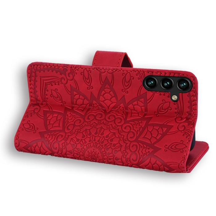 OEM - Samsung Galaxy A55 5G Skal Äkta Läder Blommönster - Röd