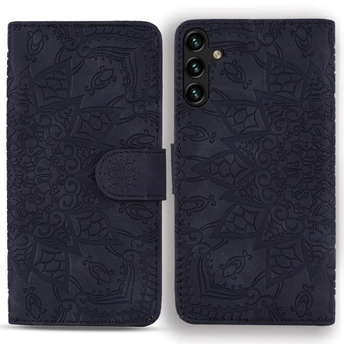 OEM - Samsung Galaxy A55 5G Skal Äkta Läder Blommönster - Svart