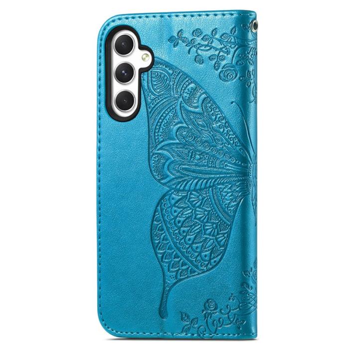 OEM - Samsung Galaxy A55 5G Skal Äkta Läder Fjärilsmönster - Blå