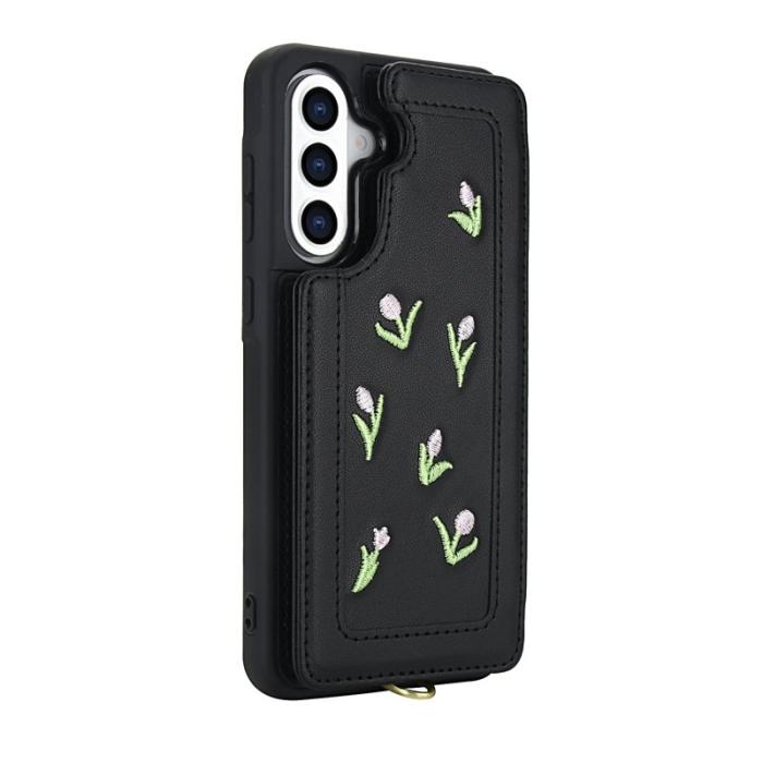 OEM - Samsung Galaxy A55 5G Skal Broderade Tulpaner Konstläder - Svart