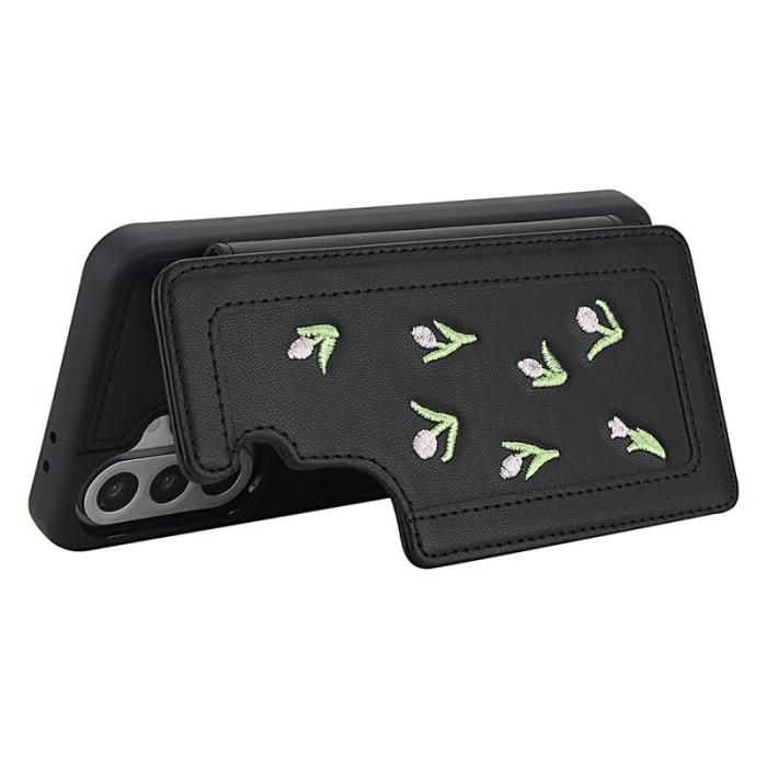 OEM - Samsung Galaxy A55 5G Skal Broderade Tulpaner Konstläder - Svart