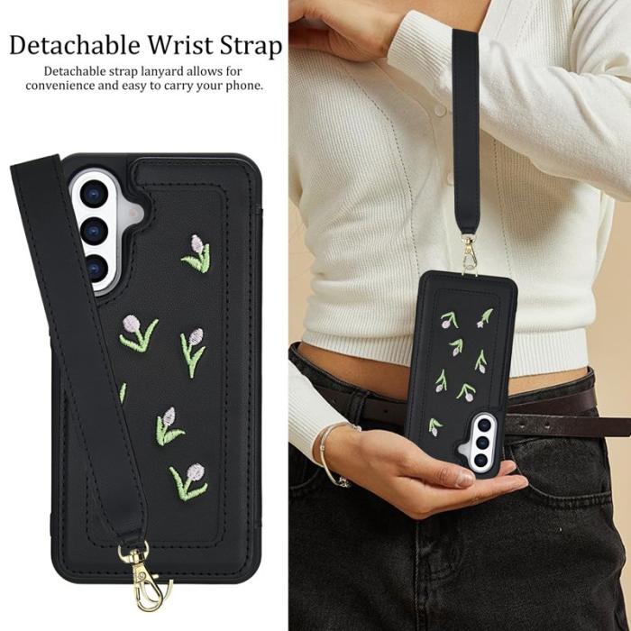 OEM - Samsung Galaxy A55 5G Skal Broderade Tulpaner Konstläder - Svart