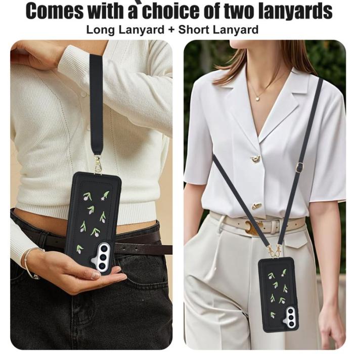 OEM - Samsung Galaxy A55 5G Skal Broderade Tulpaner Konstläder - Svart