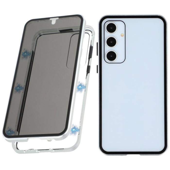 OEM - Samsung Galaxy A55 5G Skal Härdat Glas Metall Magnetlås - Silver
