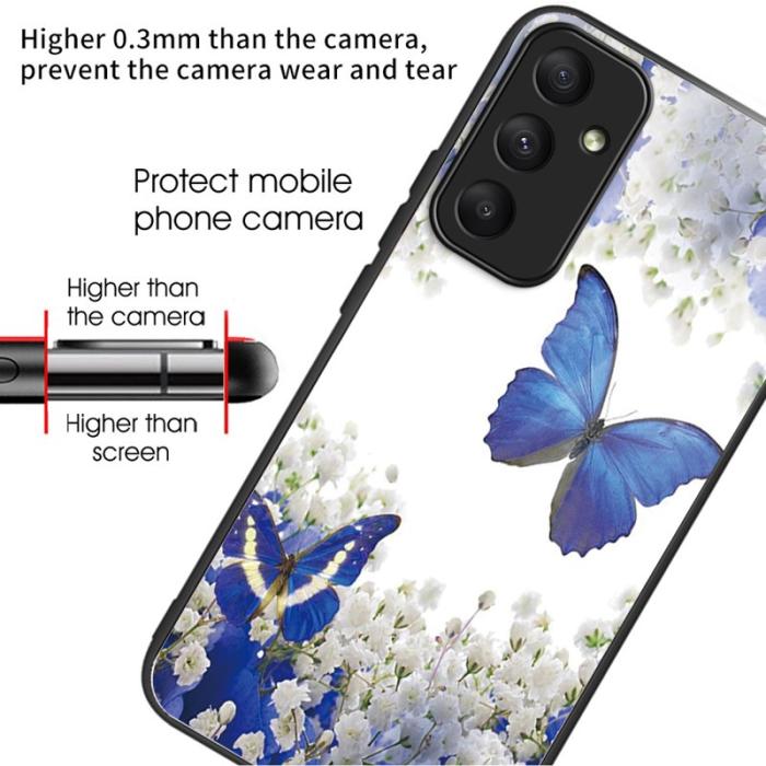 OEM - Samsung Galaxy A55 5G Skal Härdat Glas TPU Mönstertryck - Blå Fjärilar