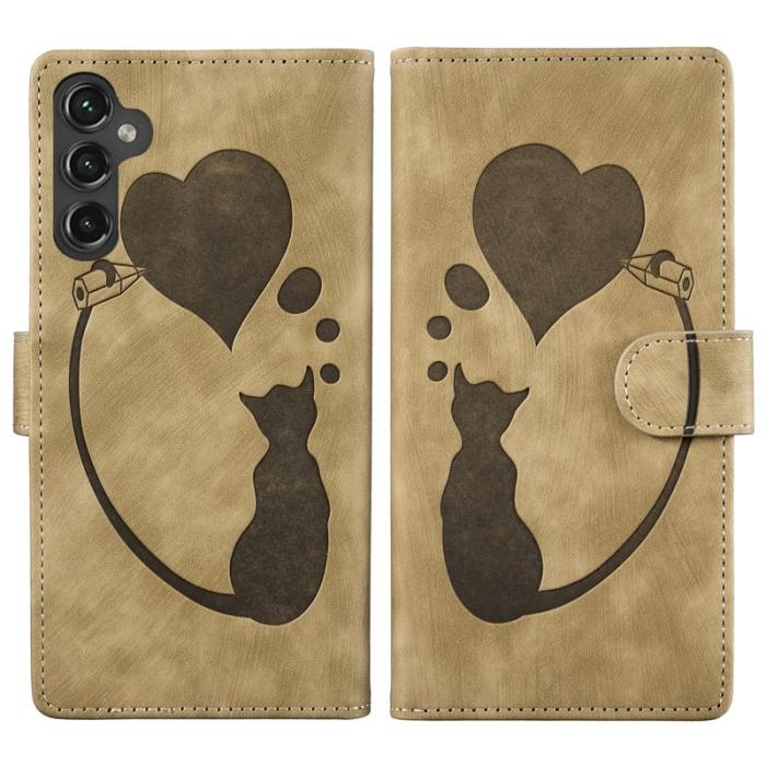 OEM - Samsung Galaxy A55 5G Skal Konstläder Heart Cat - Ljusbrun