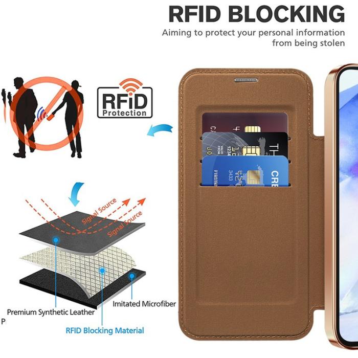 OEM - Samsung Galaxy A55 5G Skal Magnetiskt Äkta Läder RFID Skydd - Brun