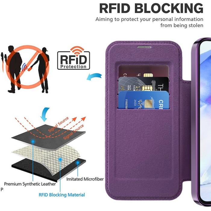 OEM - Samsung Galaxy A55 5G Skal Magnetiskt Äkta Läder RFID Skydd - Lila
