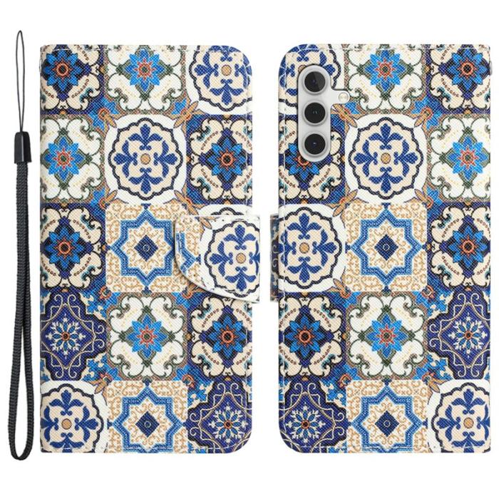 OEM - Samsung Galaxy A55 5G Skal Mönstertryck Ställ Äkta Läder - Retro Totem