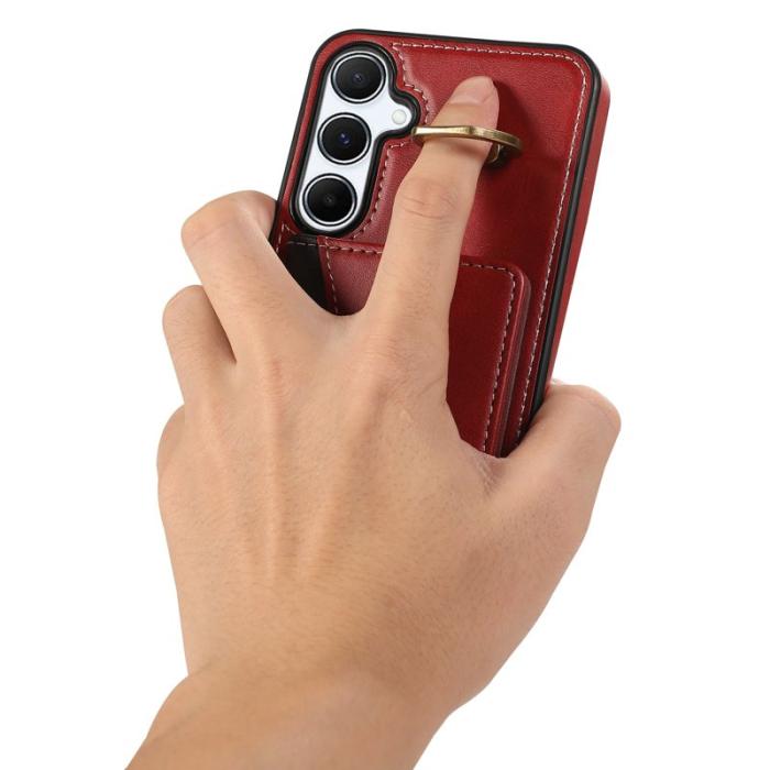 OEM - Samsung Galaxy A55 5G Skal PU Läder Kortfodral Ställ - Röd