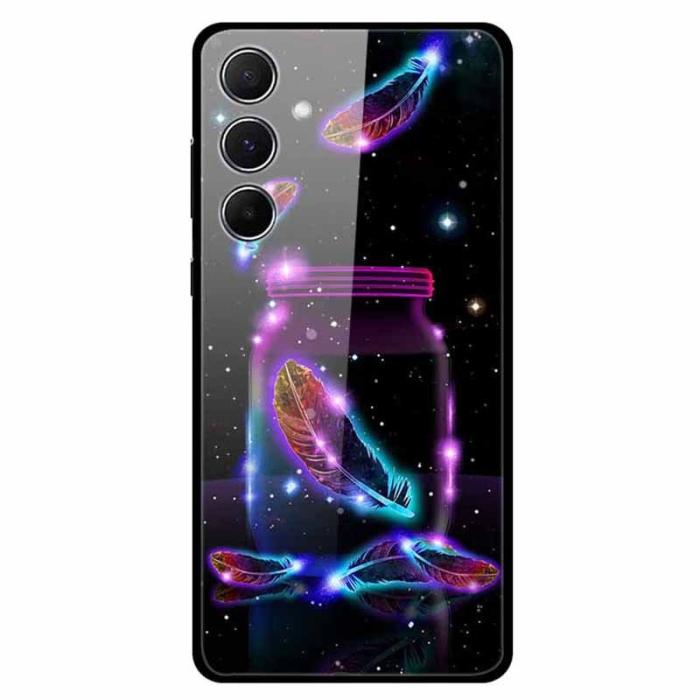 OEM - Samsung Galaxy A55 5G Skal Tempererat Glas + Plast - Färgglada Fjädrar