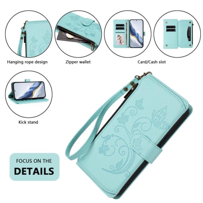 OEM - Samsung Galaxy A57 Plånboksfodral Konstläder Blommönster - Mintgrön