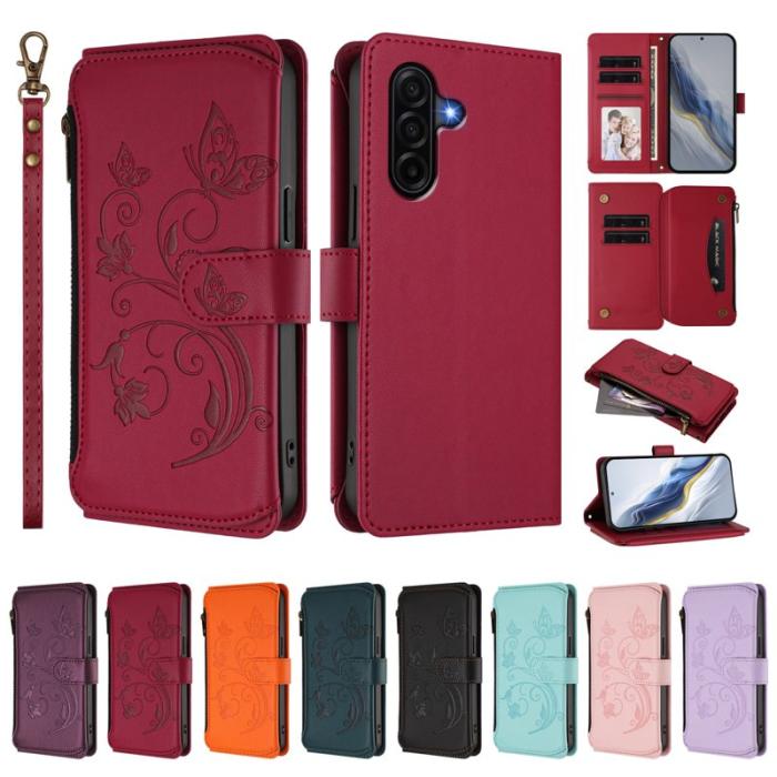 OEM - Samsung Galaxy A57 Plånboksfodral Konstläder Blomtryck - Vinröd
