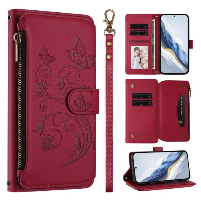 OEM - Samsung Galaxy A57 Plånboksfodral Konstläder Blomtryck - Vinröd