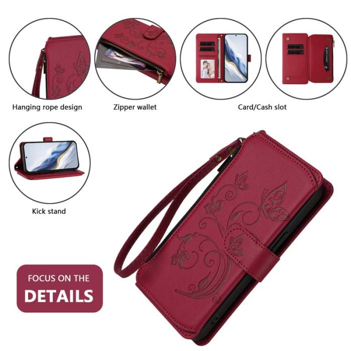 OEM - Samsung Galaxy A57 Plånboksfodral Konstläder Blomtryck - Vinröd