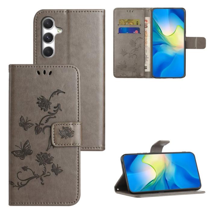 OEM - Samsung Galaxy A57 Plånboksfodral Konstläder Ställ Impräntad Fjäril - Grå
