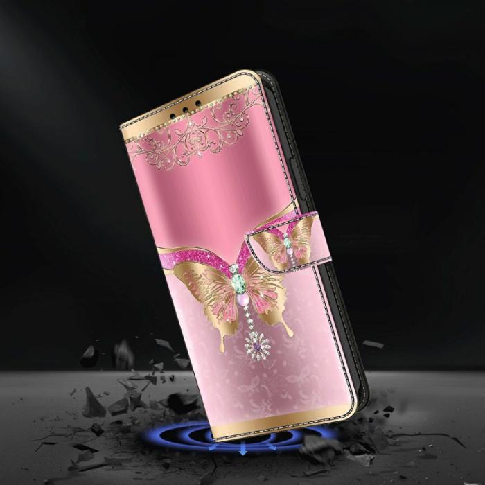 OEM - Samsung Galaxy A57 Plånboksfodral Konstläder Ställ - Rosa / Guld Fjäril