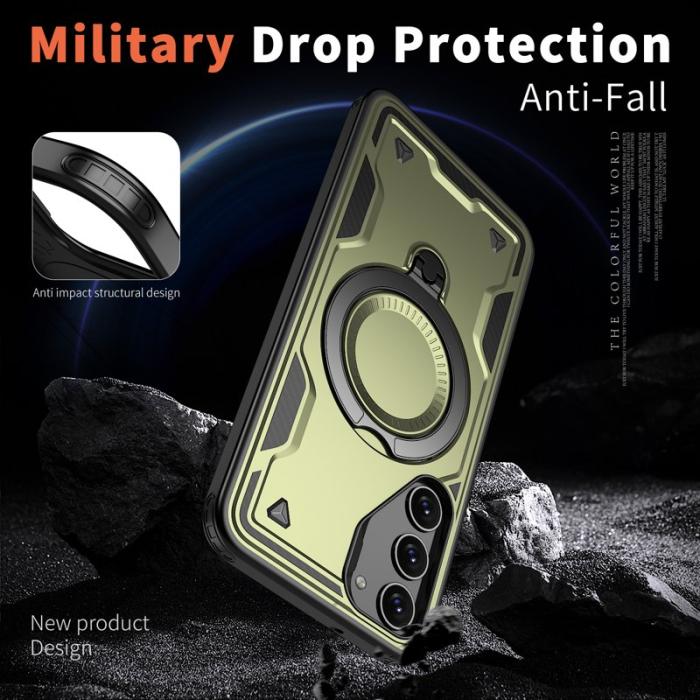 N/A - Samsung Galaxy S23 Skal Militärskydd Plast Kickstand - Olive Green