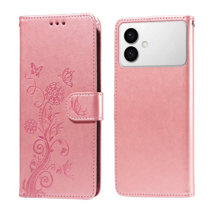 OEM - Samsung Galaxy S26 Edge Plånboksfodral Konstläder Blomtryck Ställ - Rosa