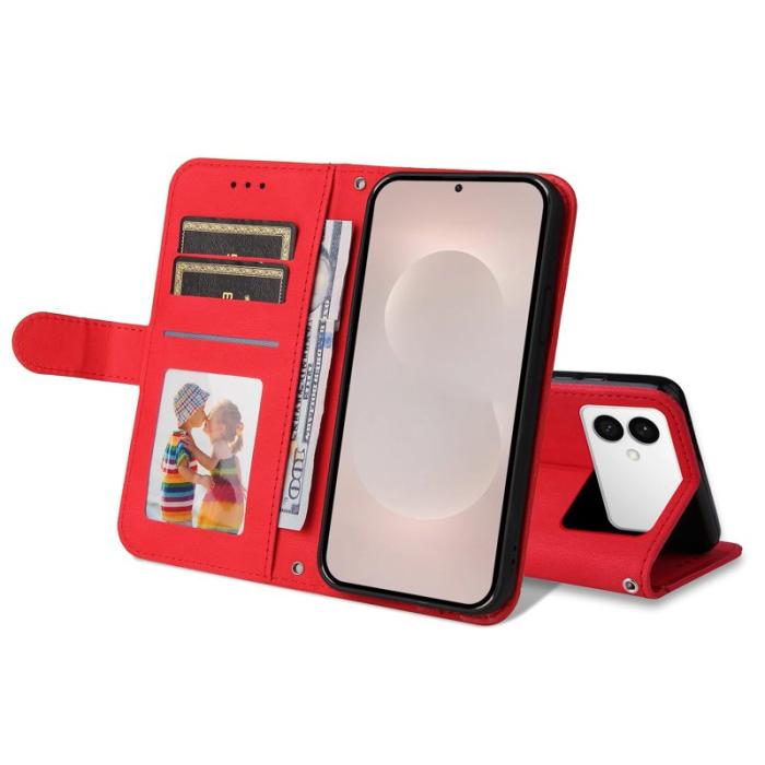 OEM - Samsung Galaxy S26 Edge Plånboksfodral Konstläder Ställ med Rem - Röd