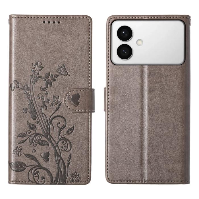 OEM - Samsung Galaxy S26 Edge Fodral Konstläder Fjäril Blommönster - Grå