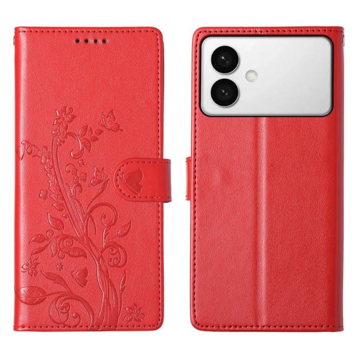 OEM - Samsung Galaxy S26 Edge Plånboksfodral Konstläder Fjäril Blommönster - Röd