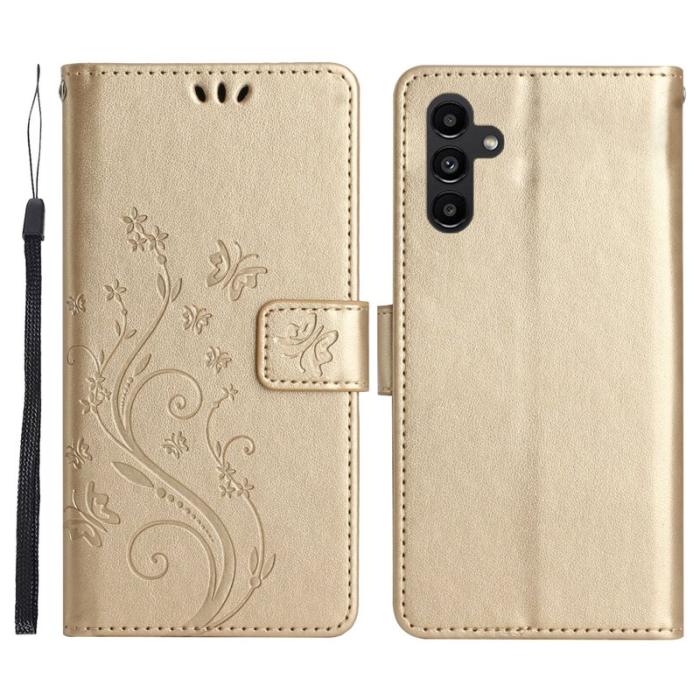 OEM - Samsung Galaxy S26 Plus Plånboksfodral Konstläder Blomma Prägling - Guld