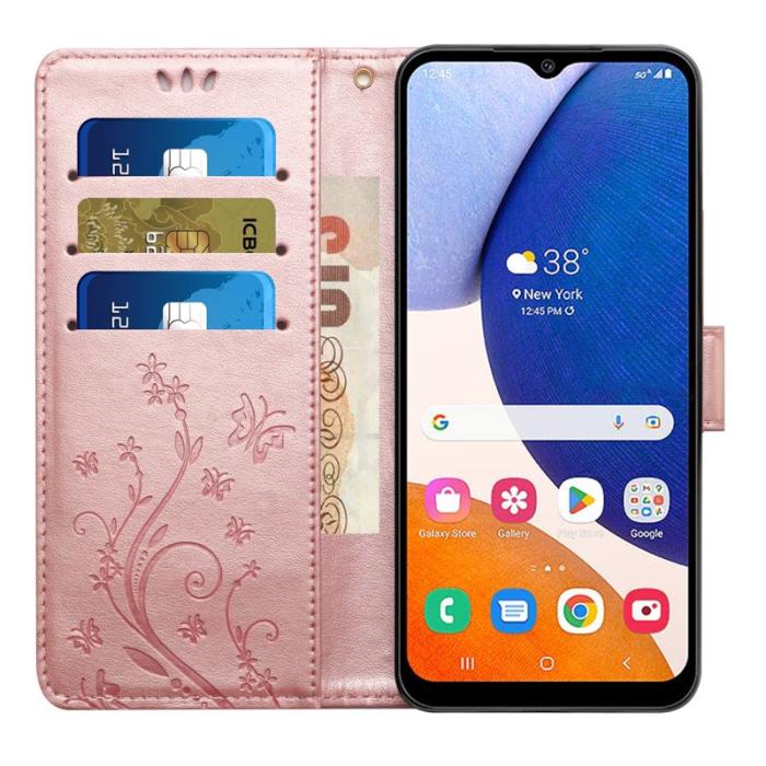 OEM - Samsung Galaxy S26 Plus Plånboksfodral Konstläder Blomma Prägling - Roséguld