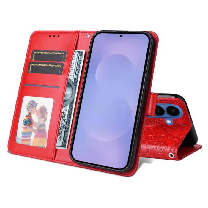 OEM - Samsung Galaxy S26+ Plånboksfodral Konstläder Blommönster - Röd