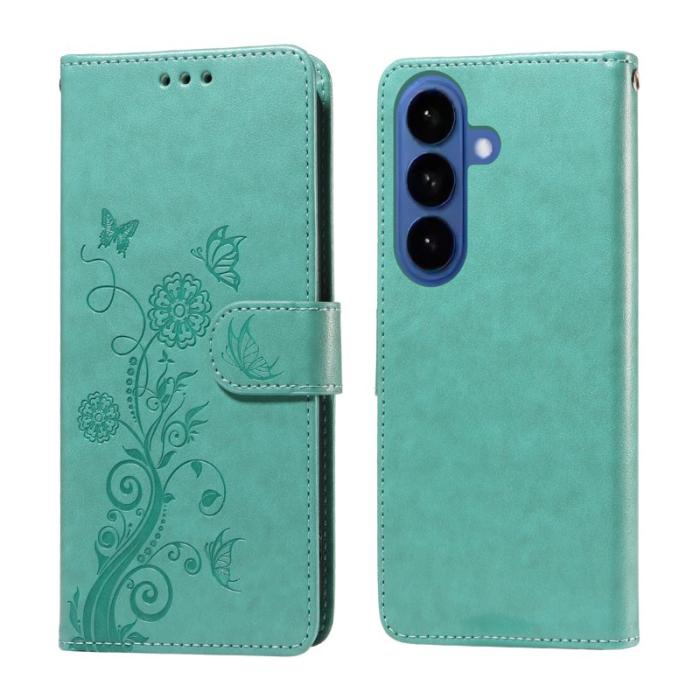 OEM - Samsung Galaxy S26 Plus Plånboksfodral Konstläder Blomtryck Ställ - Grön