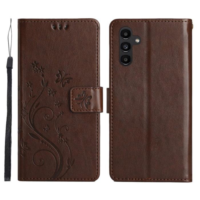 OEM - Samsung Galaxy S26+ Fodral Äkta Läder Fjäril Blomma - Brun