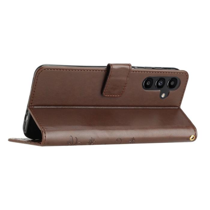 OEM - Samsung Galaxy S26+ Fodral Äkta Läder Fjäril Blomma - Brun