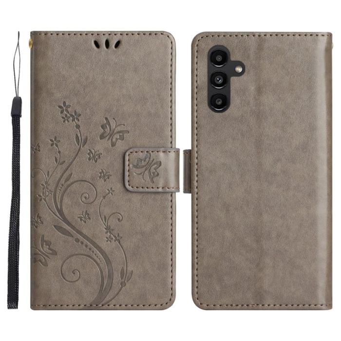 OEM - Samsung Galaxy S26 Plus Plånboksfodral Konstläder Fjäril Blomma - Grå