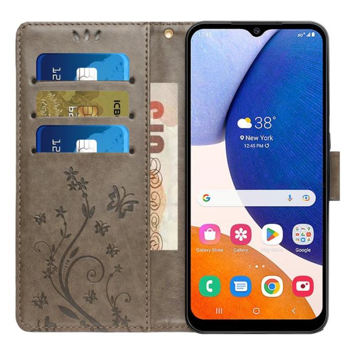 OEM - Samsung Galaxy S26 Plus Plånboksfodral Konstläder Fjäril Blomma - Grå
