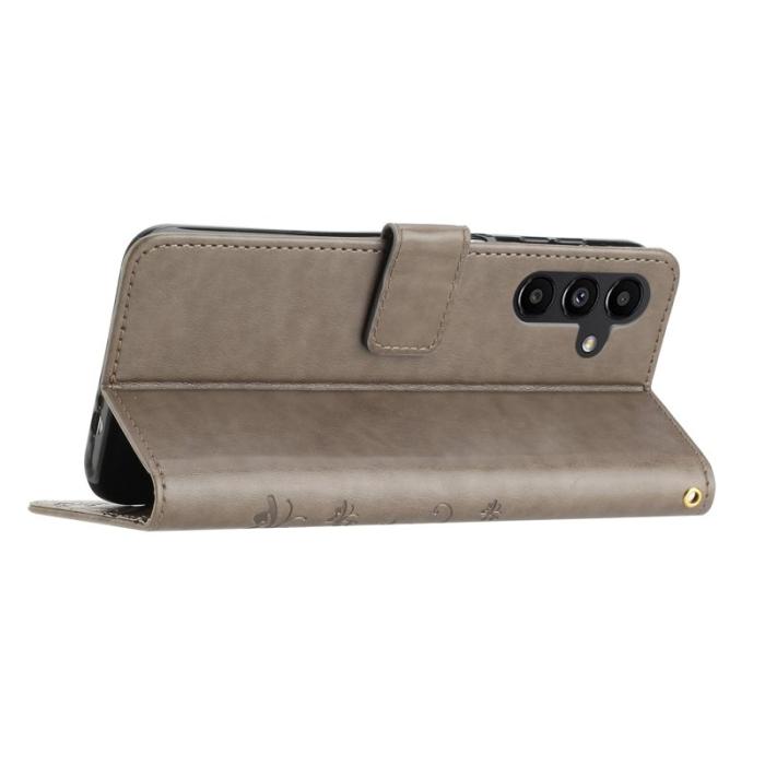 OEM - Samsung Galaxy S26 Plus Plånboksfodral Konstläder Fjäril Blomma - Grå