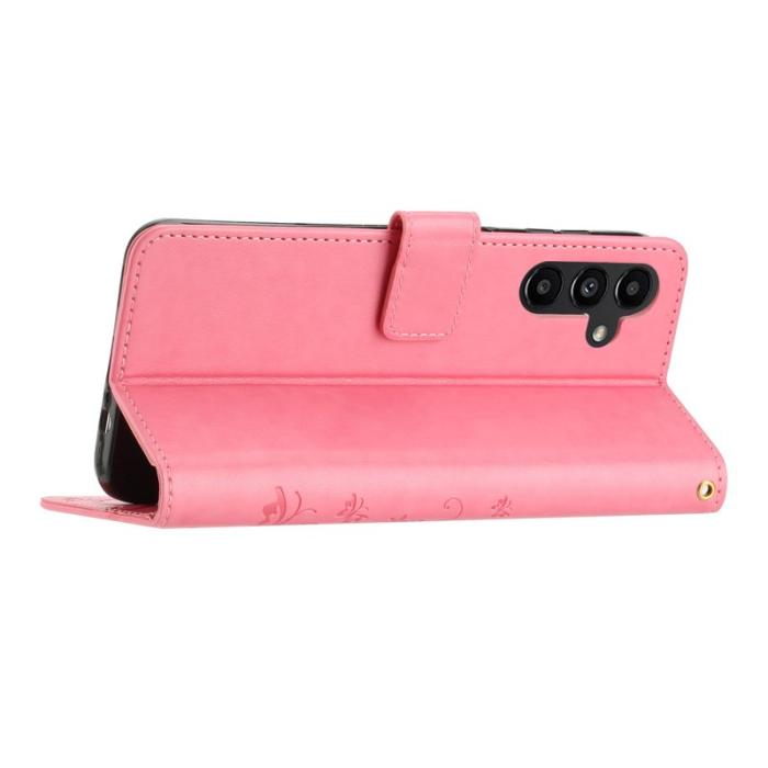 OEM - Samsung Galaxy S26+ Fodral Äkta Läder Fjäril Blomma - Rosa