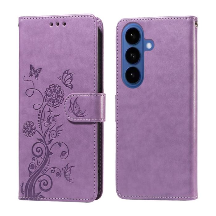 OEM - Samsung Galaxy S26 Plus Plånboksfodral Konstläder Fjäril Blommönster - Lila