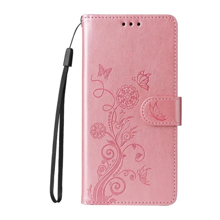 OEM - Samsung Galaxy S26 Plus Plånboksfodral Konstläder Fjäril Blommönster - Rosa