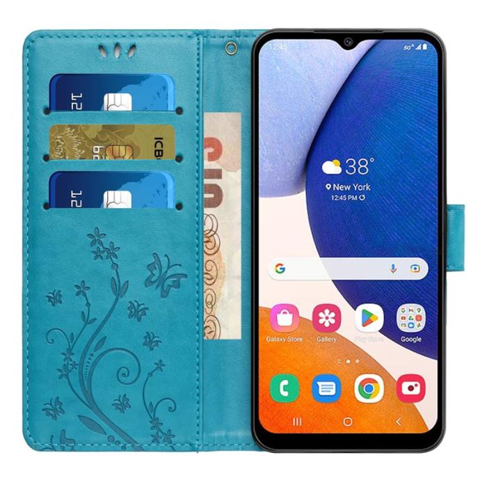 OEM - Samsung Galaxy S26 Plus Plånboksfodral Konstläder Fjäril Blommor - Blå