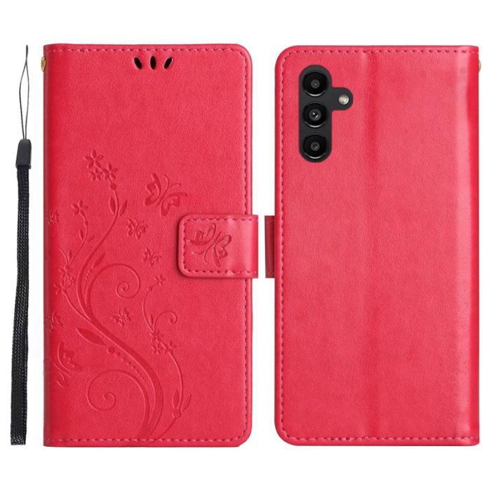 OEM - Samsung Galaxy S26 Plus Plånboksfodral Konstläder Fjäril Blommor - Röd