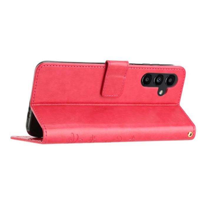 OEM - Samsung Galaxy S26 Plus Plånboksfodral Konstläder Fjäril Blommor - Röd