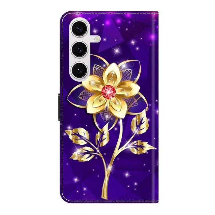 OEM - Samsung Galaxy S26 Fodral Mönstertryck PU Läder Ställ - Guld Blommor på Lila