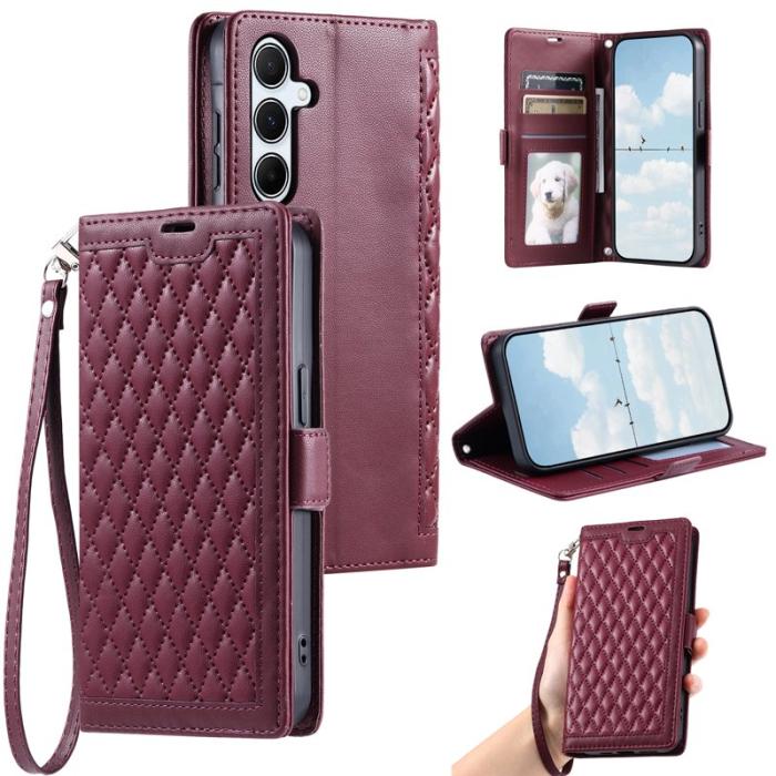 OEM - Samsung Galaxy S26 Plus Plånboksfodral Konstläder Rhombus Textur - Vinröd