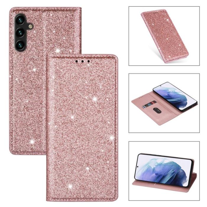 OEM - SAMSUNG Galaxy S26 Plus Mobilskal Glittrande PU Läder + TPU Kortfack - Roséguld