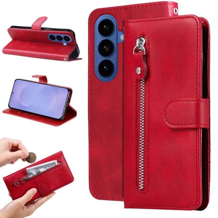 OEM - Samsung Galaxy S26 Plus Mobilskal KonstLäder med Dragkedja - Röd