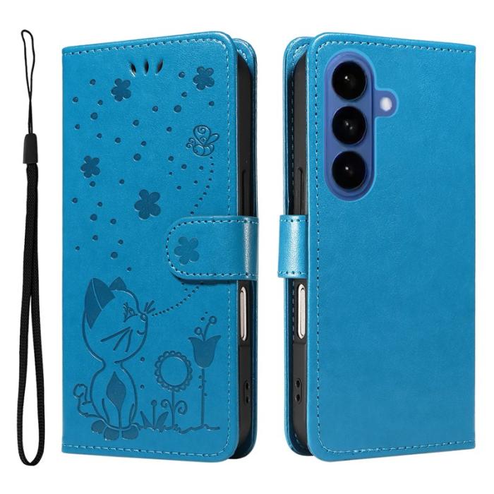 OEM - Samsung Galaxy S26 / S26 Pro Fodral Äkta Läder Cat Bee Mönster - Blå