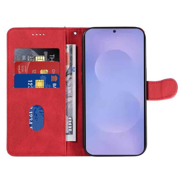 OEM - Samsung Galaxy S26 / S26 Pro Fodral Äkta Läder Ställ med Kurvad Linje - Röd